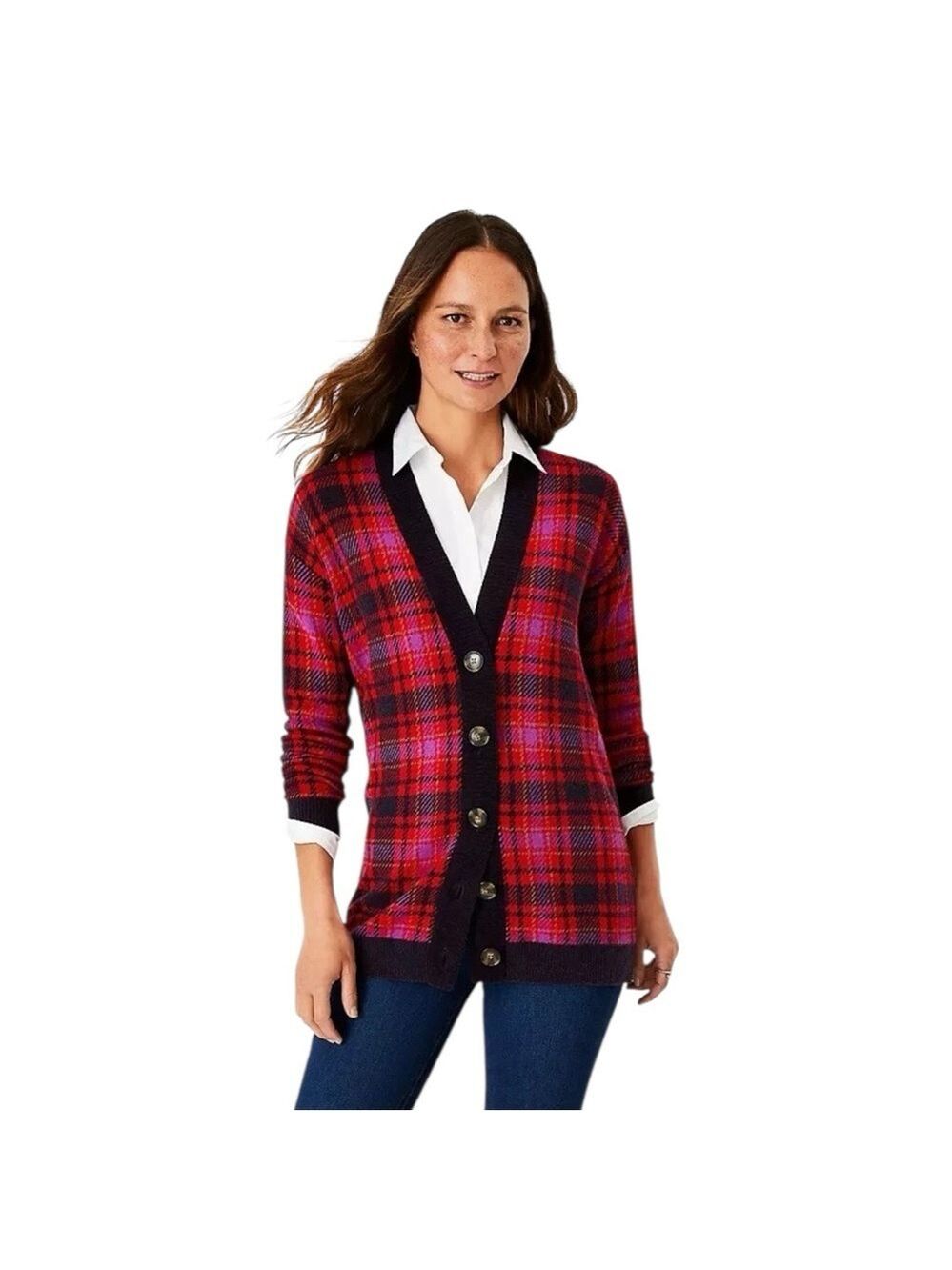 Ann Taylor Red Plaid Longline Boyfriend Cardigan Sweater V-Neck Button Size XS